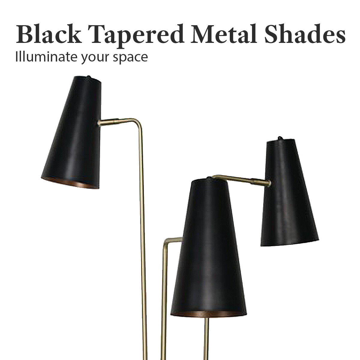Sarantino Trio Floor Lamp – Brass Poles with Black Tapered Shades