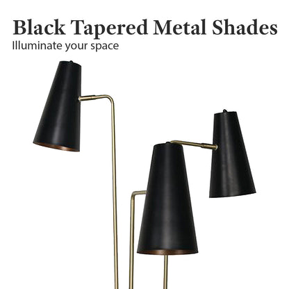 Sarantino Trio Floor Lamp – Brass Poles with Black Tapered Shades