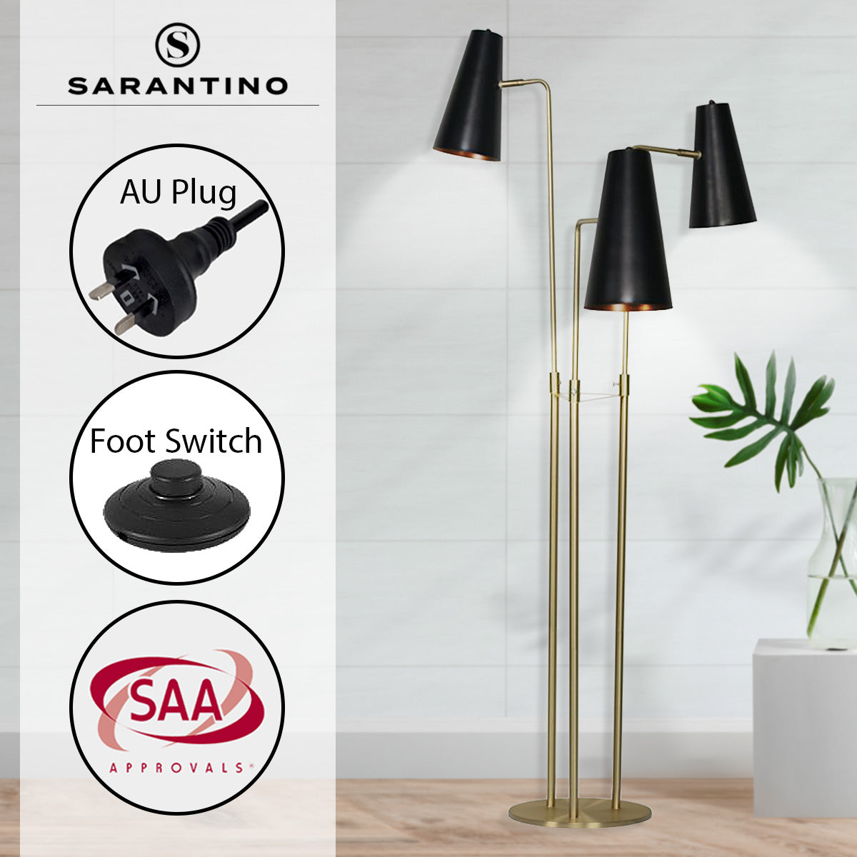 Sarantino Trio Floor Lamp – Brass Poles with Black Tapered Shades