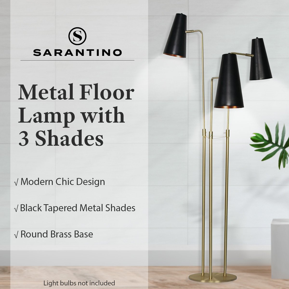 Sarantino Trio Floor Lamp – Brass Poles with Black Tapered Shades