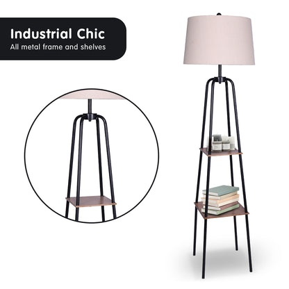 Sarantino Etagere Shelf Floor Lamp – Industrial Chic with Wood-Finish Metal Shelves