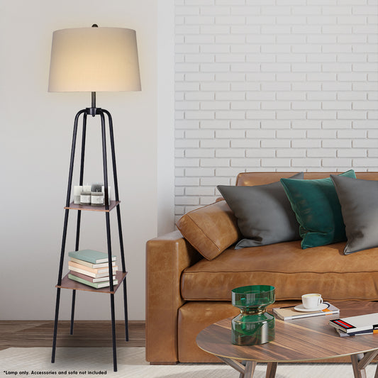 Sarantino Etagere Shelf Floor Lamp – Industrial Chic with Wood-Finish Metal Shelves