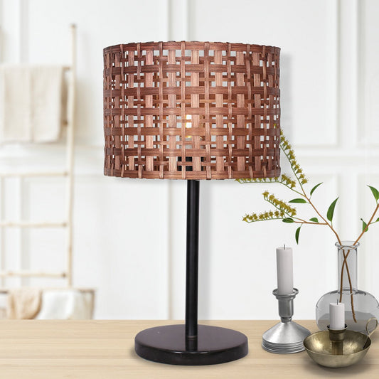 Sarantino Rattan Desk Lamp – Natural Rattan Shade with Black Marble Base