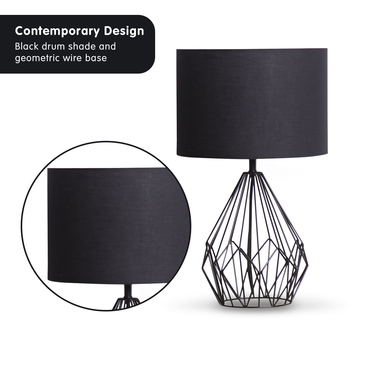 Sarantino Metal Wire Table Lamp in Black Finish With Black Drum Shade - TRENDZ