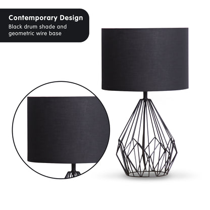 Sarantino Metal Wire Table Lamp in Black Finish With Black Drum Shade - TRENDZ