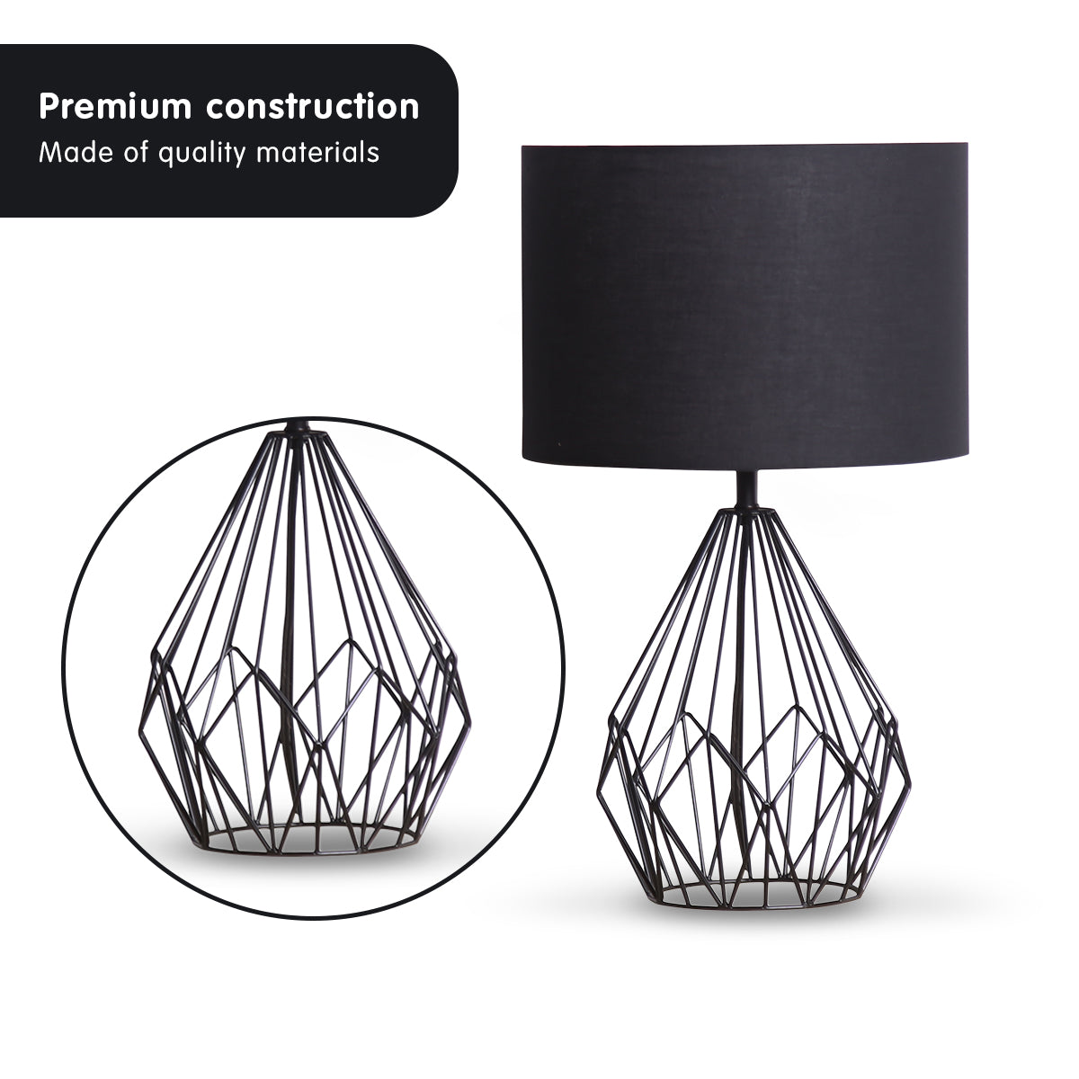 Sarantino Metal Wire Table Lamp in Black Finish With Black Drum Shade - TRENDZ
