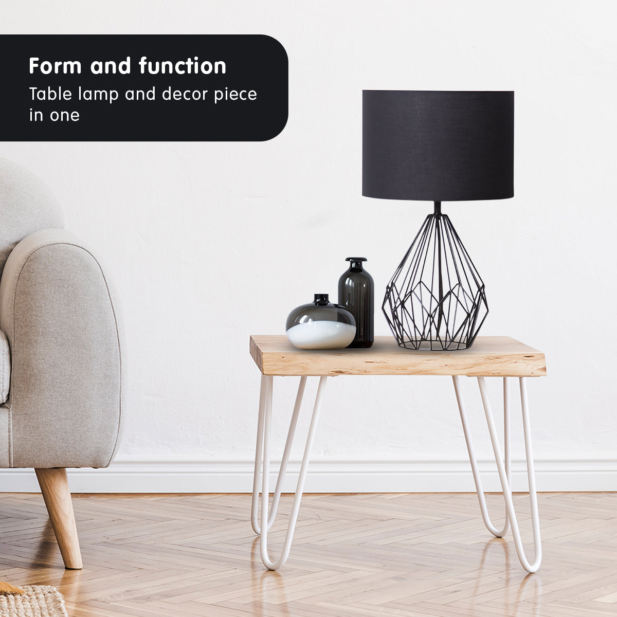 Sarantino Metal Wire Table Lamp in Black Finish With Black Drum Shade - TRENDZ