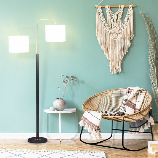 Sarantino Floor Lamp – Matte Black &amp; Brass Finish with White Linen Shade