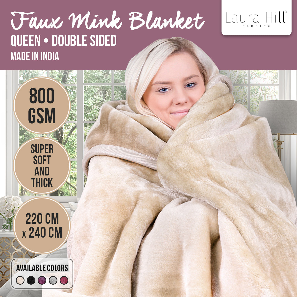 Laura Hill 800-gsm Faux Mink Throw Rug Blanket Queen Size Double-sided Large 220 X 240cm Heavy - Cream - TRENDZ