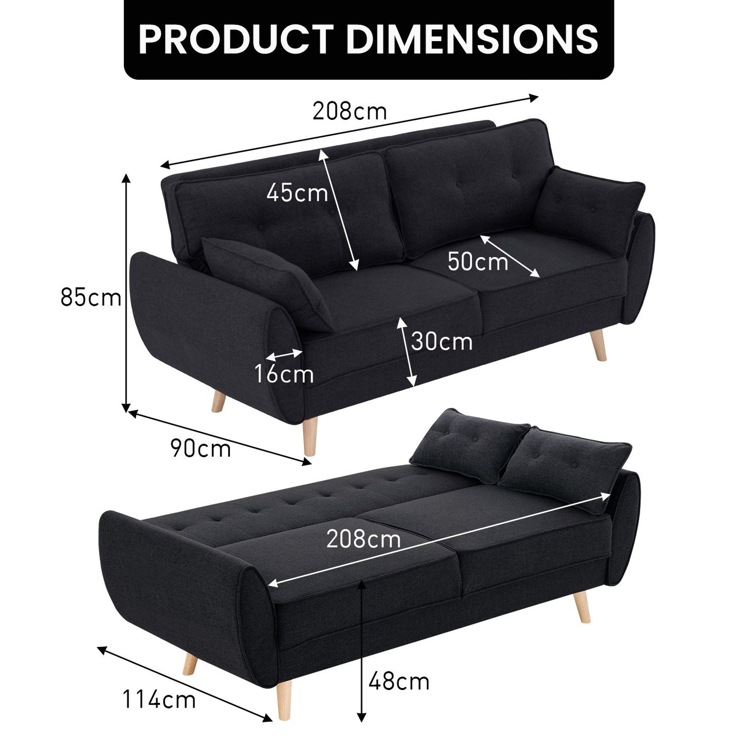 Sarantino 3 Seater Modular Linen Fabric Sofa Bed Couch Futon Suite - Black - TRENDZ