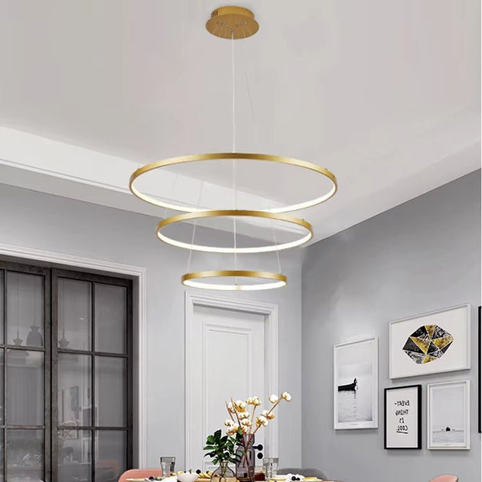 BAMDECOR 18801 Modern LED Chandelier, Dimmable Pendant Light with Remote Control Rings Round Ceiling Lighting Fixture 3 Color Temperatures Contemporary Chandeliers (3 Rings-Gold)