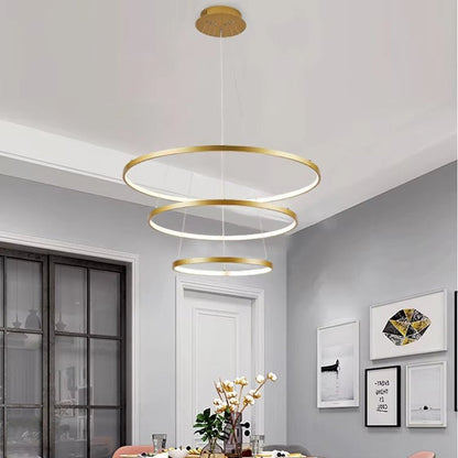 BAMDECOR 18801 Modern LED Chandelier, Dimmable Pendant Light with Remote Control Rings Round Ceiling Lighting Fixture 3 Color Temperatures Contemporary Chandeliers (3 Rings-Gold)