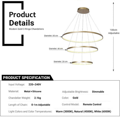 BAMDECOR 18801 Modern LED Chandelier, Dimmable Pendant Light with Remote Control Rings Round Ceiling Lighting Fixture 3 Color Temperatures Contemporary Chandeliers (3 Rings-Gold)
