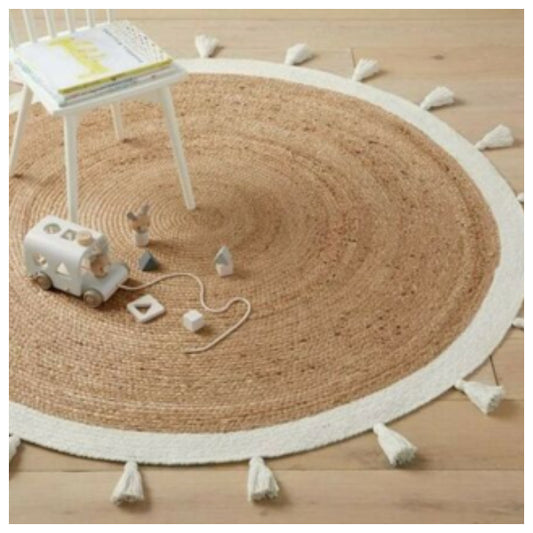 Bohemian Cream & Natural Braided Jute Cotton Round Rug with Tassel 120 x 120 cm - TRENDZ