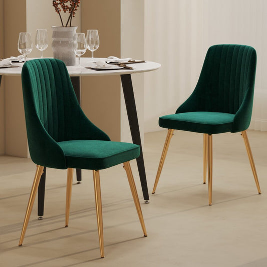 Viva Forever Set of 2 Green Velvet Dining Chairs-Art Deco Design with Gold Metal Legs - TRENDZ
