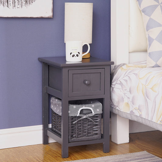 Grey Bedside Table with Wicker Basket - TRENDZ