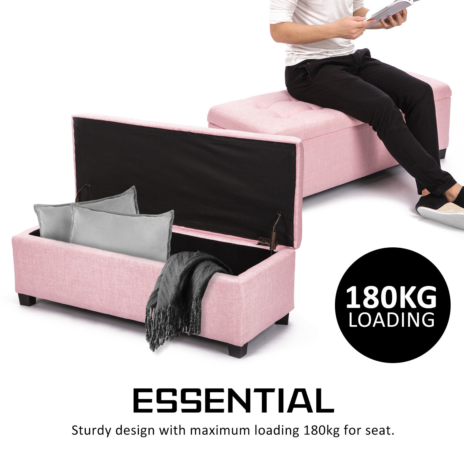 Storage Ottoman Stool 102cm Fabric PINK - TRENDZ