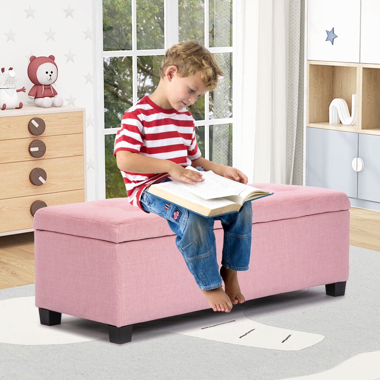 Storage Ottoman Stool 102cm Fabric PINK - TRENDZ