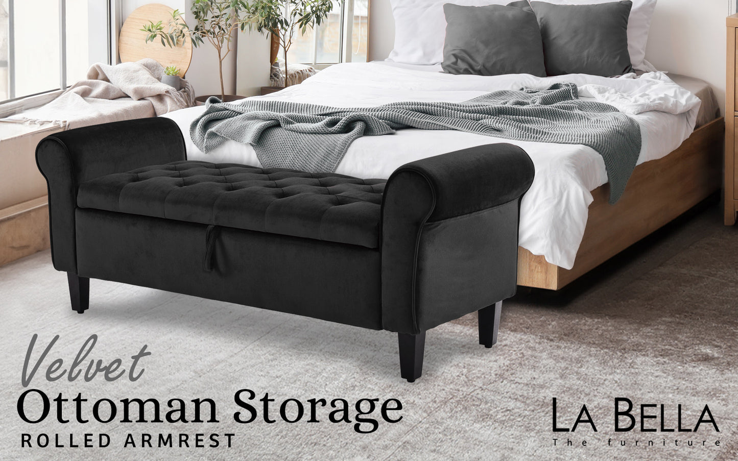 Storage Ottoman Stool Arm Bench Seat 132cm Velvet BLACK - TRENDZ