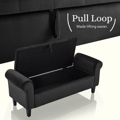 Storage Ottoman Stool Arm Bench Seat 132cm Velvet BLACK - TRENDZ