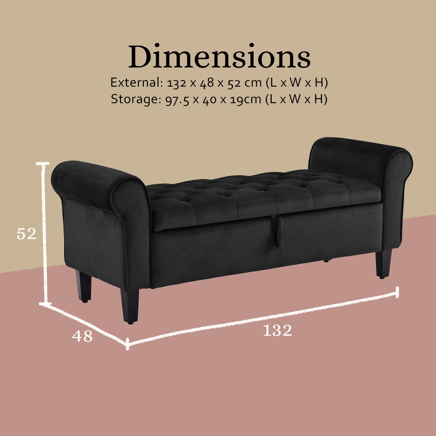 Storage Ottoman Stool Arm Bench Seat 132cm Velvet BLACK - TRENDZ
