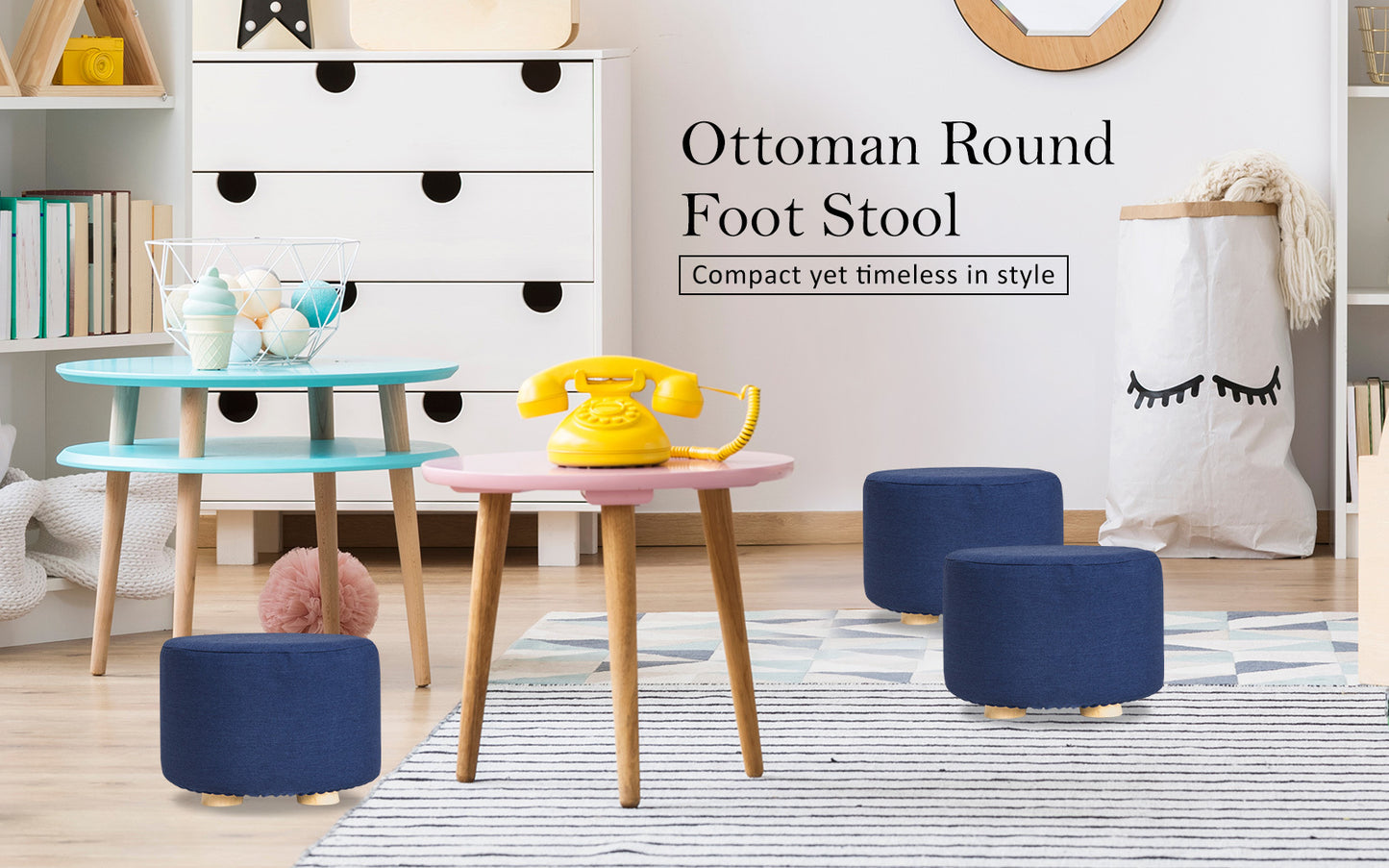 Fabric Ottoman Round Wooden Leg Foot Stool - DARK BLUE - TRENDZ