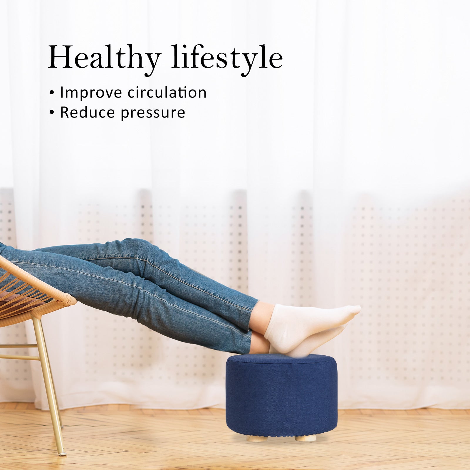 Fabric Ottoman Round Wooden Leg Foot Stool - DARK BLUE - TRENDZ