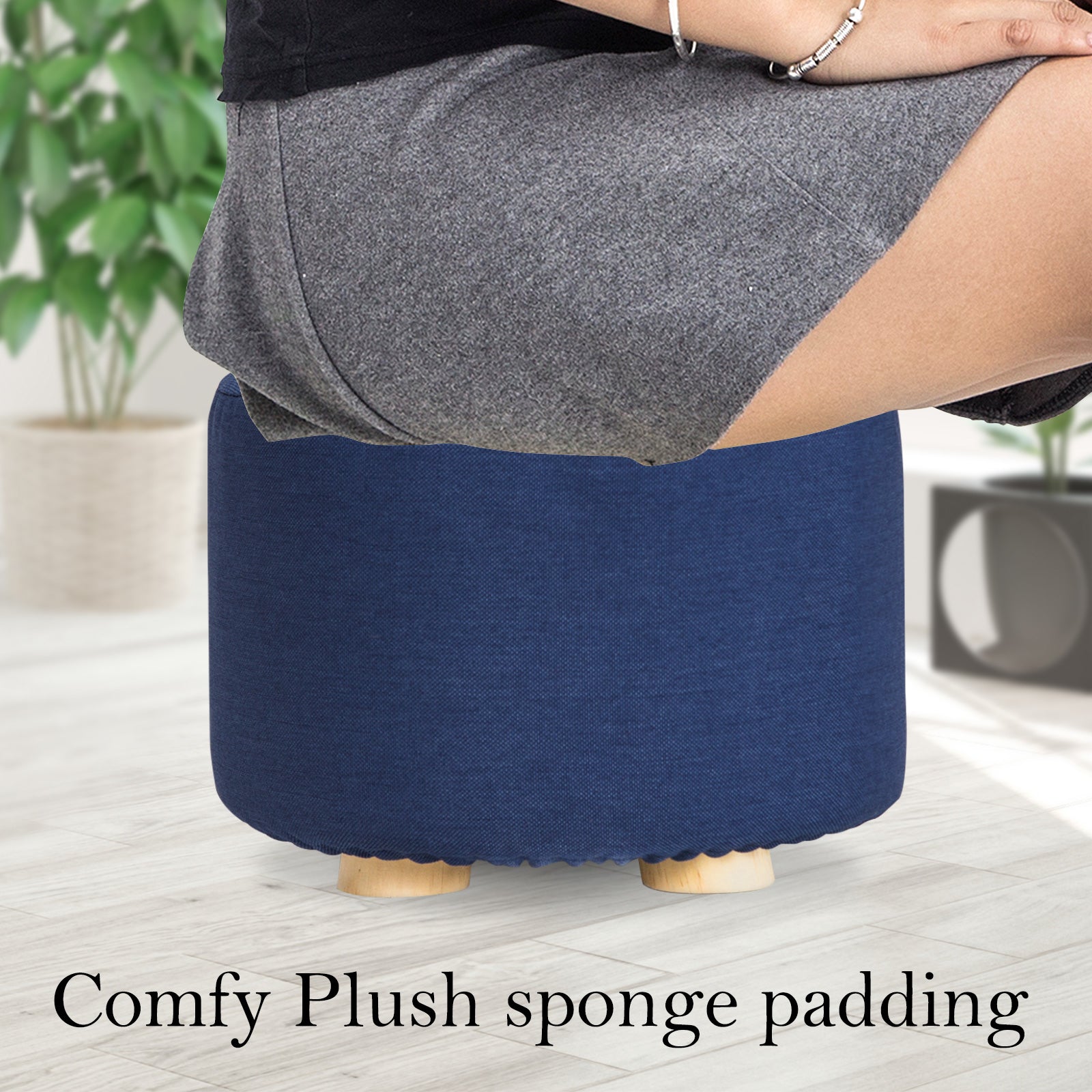 Fabric Ottoman Round Wooden Leg Foot Stool - DARK BLUE - TRENDZ