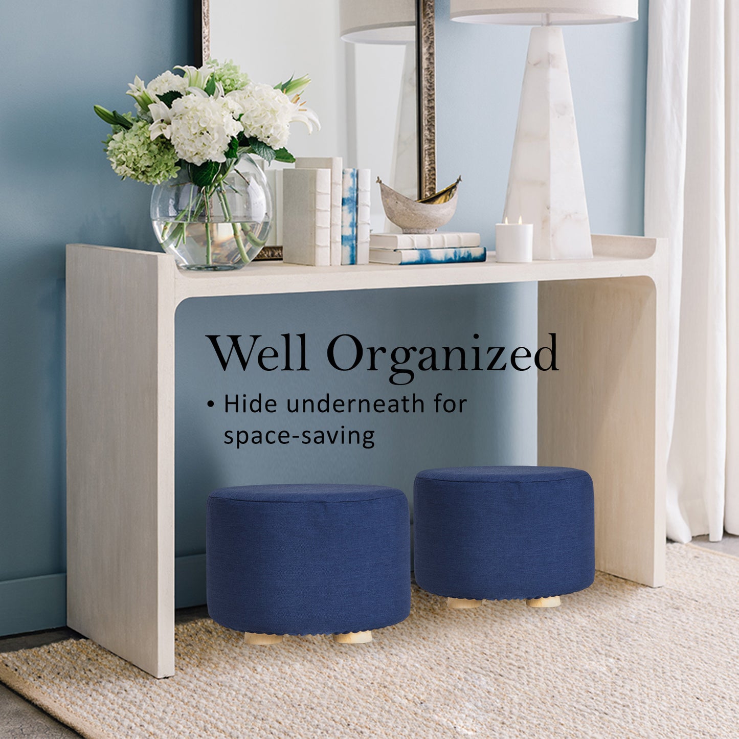 Fabric Ottoman Round Wooden Leg Foot Stool - DARK BLUE - TRENDZ