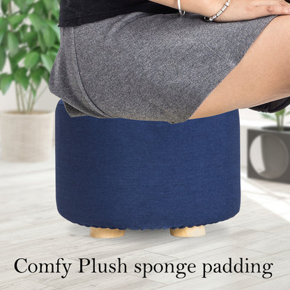 2X Fabric Ottoman Round Wooden Leg Foot Stool - DARK BLUE - TRENDZ
