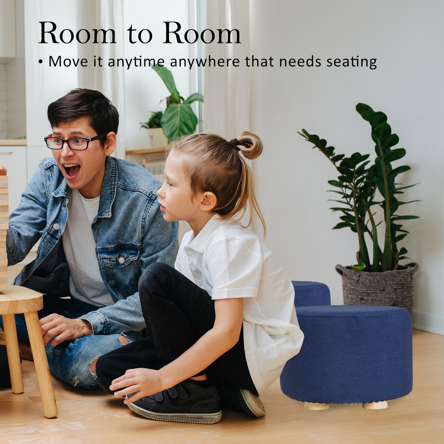 2X Fabric Ottoman Round Wooden Leg Foot Stool - DARK BLUE - TRENDZ