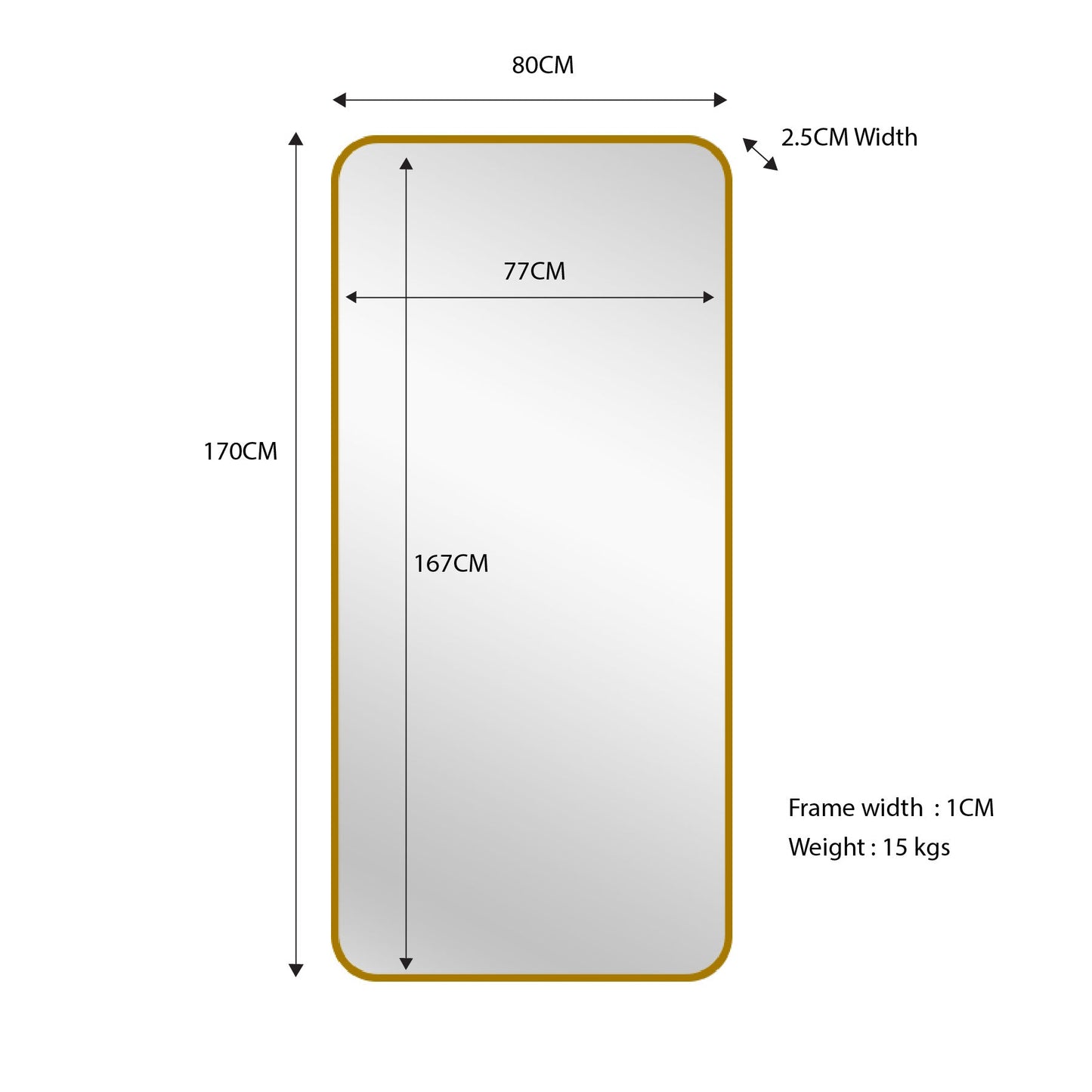 Gold Metal Rectangle Mirror - Medium 80cm x 170cm - TRENDZ