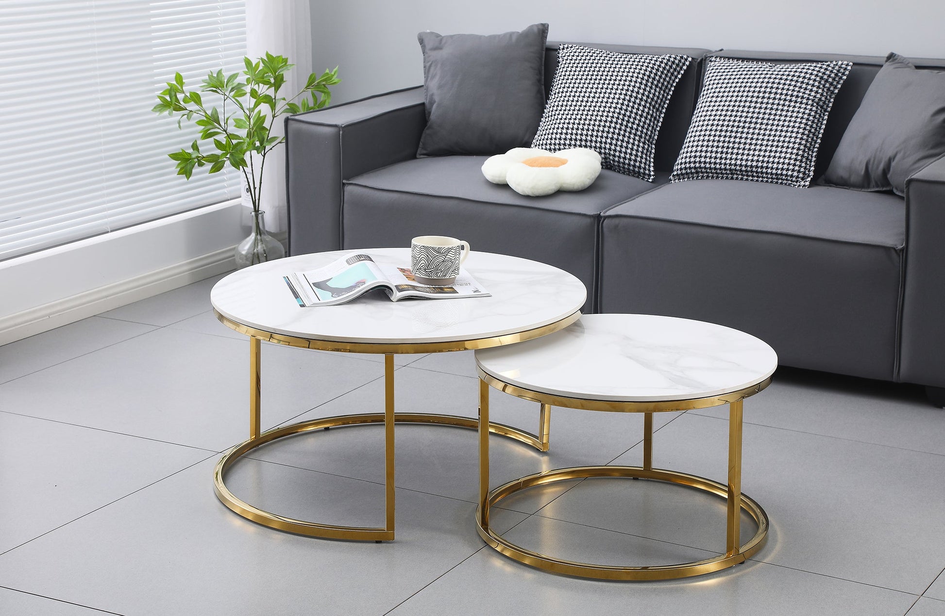 Nesting Style Coffee Table - White on Gold Stainless Steel - 80cm/60cm - TRENDZ