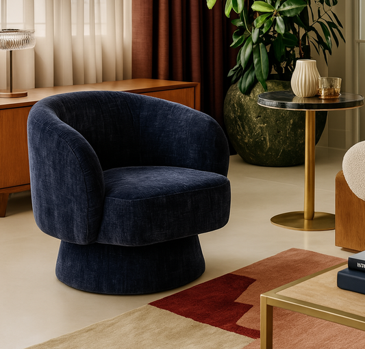 The Celine Curve Swivel Armchair – Chenille Denim Blue