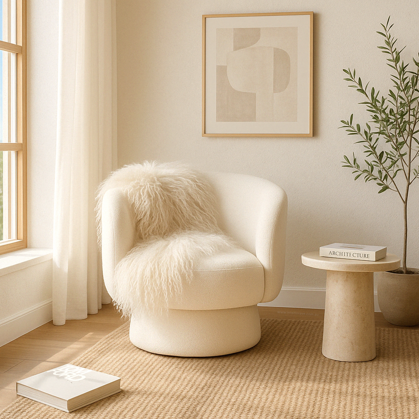 The Celine Curve Swivel Armchair – Luxe Motion in Pearl White