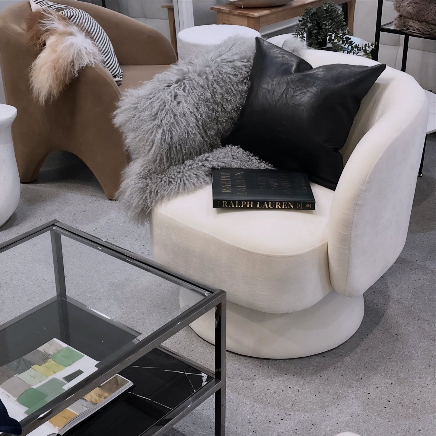 The Celine Curve Swivel Armchair – Luxe Motion in Pearl White