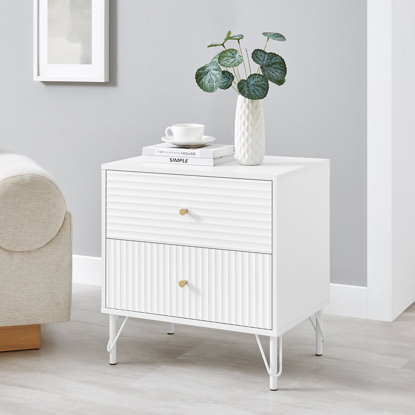 Lisa Wavy Fluted Bedside Table in White - TRENDZ