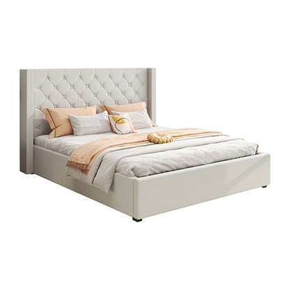 Veronica Bed Frame Queen Size Winged Grey Linen Fabric Seam Grid Pattern with gas lift plywood metal structure - TRENDZ