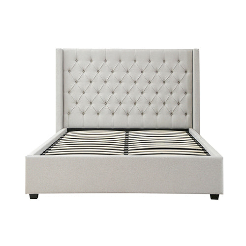 Veronica Bed Frame Queen Size Winged Grey Linen Fabric Seam Grid Pattern with gas lift plywood metal structure - TRENDZ