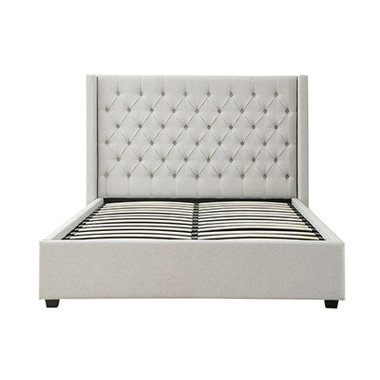 Veronica Bed Frame Queen Size Winged Grey Linen Fabric Seam Grid Pattern with gas lift plywood metal structure - TRENDZ