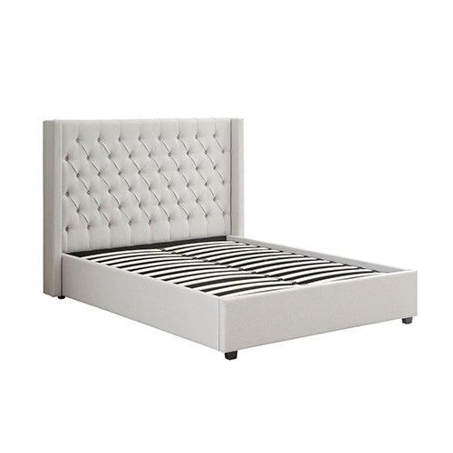 Veronica Bed Frame Queen Size Winged Grey Linen Fabric Seam Grid Pattern with gas lift plywood metal structure - TRENDZ