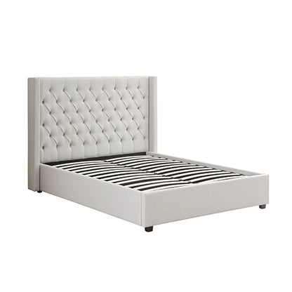 Veronica Bed Frame Queen Size Winged Grey Linen Fabric Seam Grid Pattern with gas lift plywood metal structure - TRENDZ