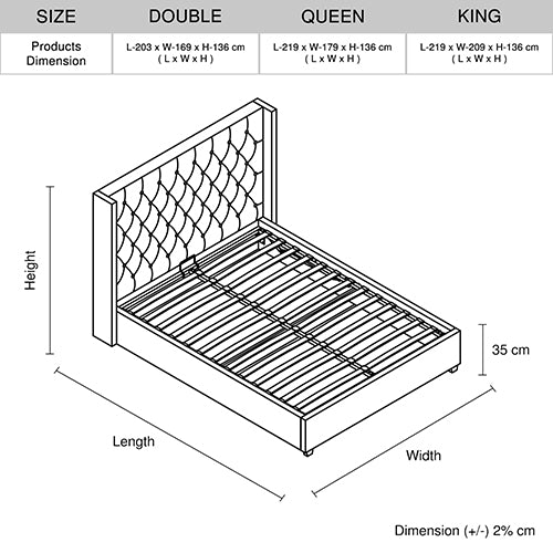 Veronica Bed Frame Queen Size Winged Grey Linen Fabric Seam Grid Pattern with gas lift plywood metal structure - TRENDZ