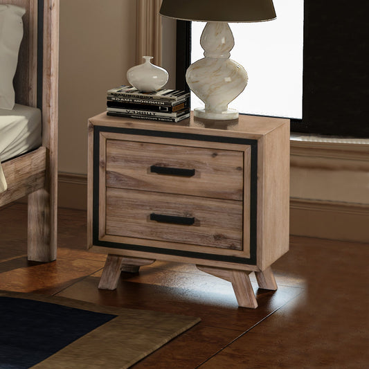 Bedside Table 2 drawer Night Stand with Solid Acacia Storage in Sliver Brush Colour - TRENDZ