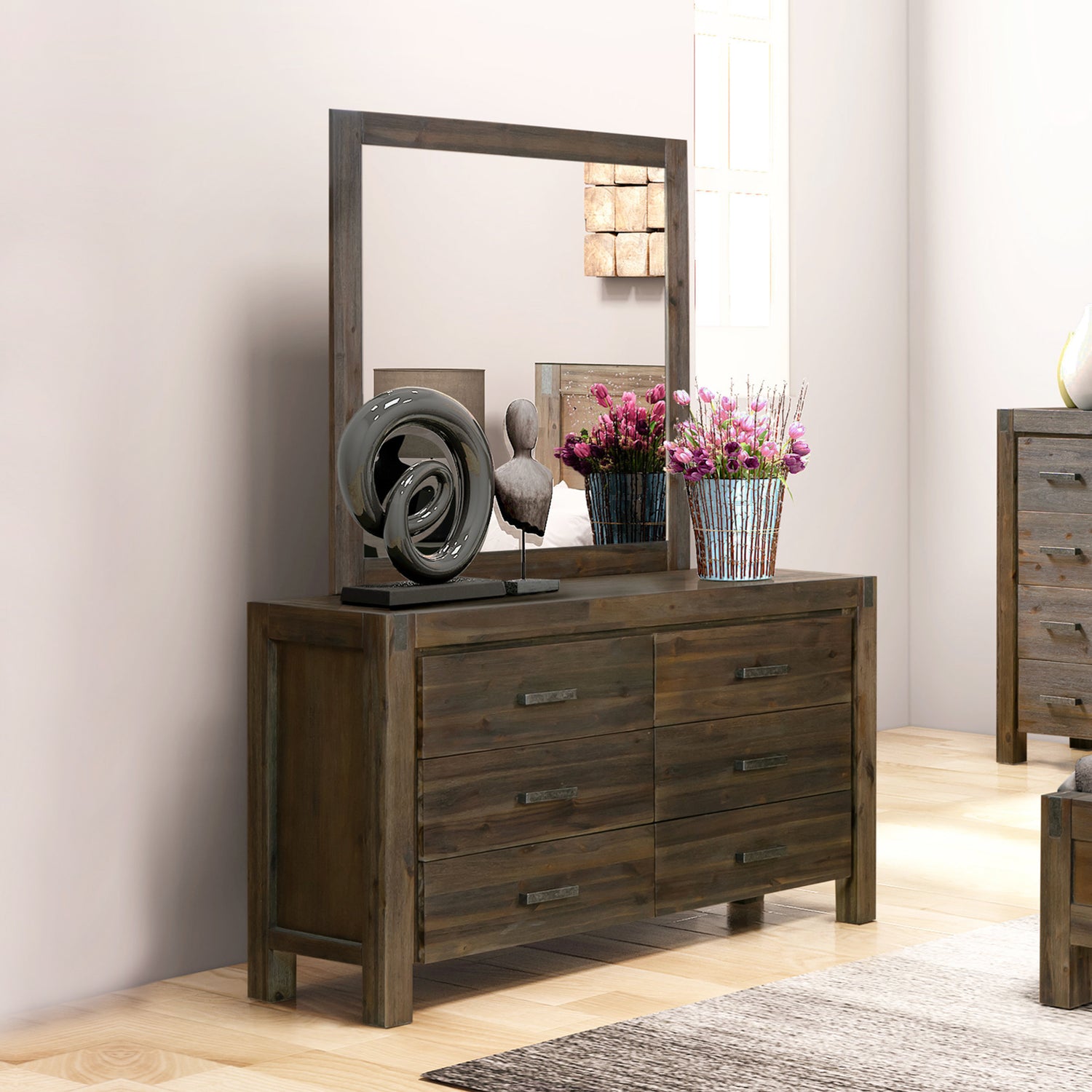Dresser with 6 Storage Drawers in Solid Acacia & Veneer With Mirror in Chocolate Colour - TRENDZ
