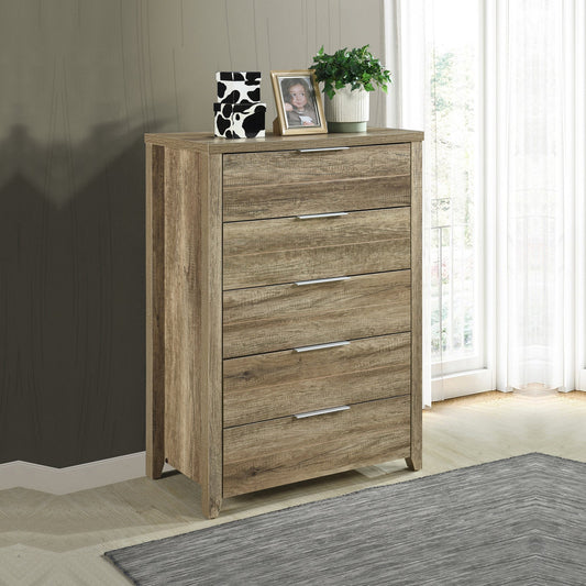 Tallboy with 5 Storage Drawers Natural Wood like MDF in Oak Colour - TRENDZ
