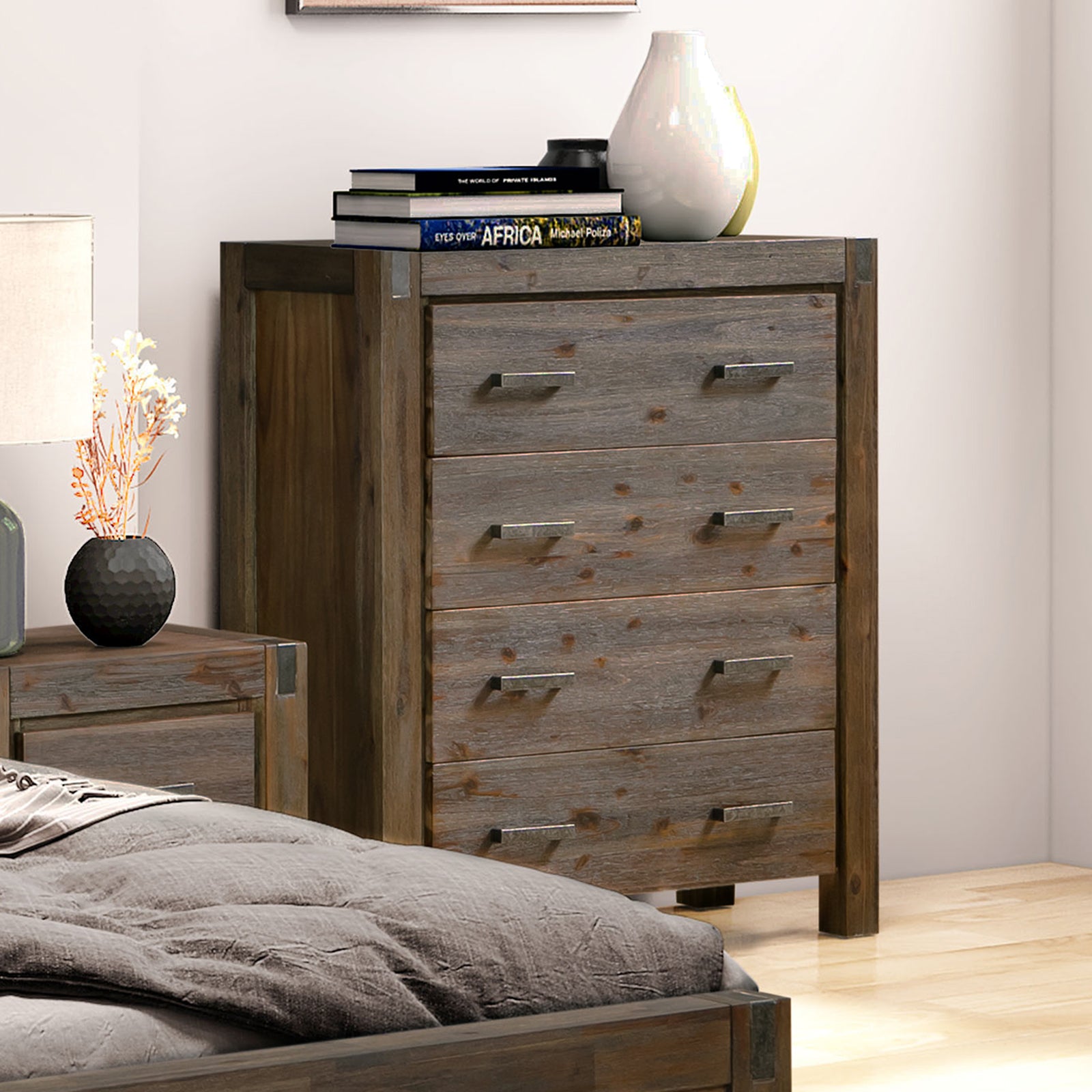 Tallboy with 4 Storage Drawers Solid Wooden Assembled in Chocolate Colour - TRENDZ