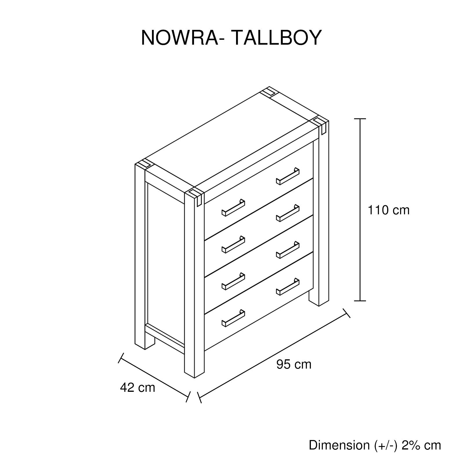Tallboy with 4 Storage Drawers Solid Wooden Assembled in Chocolate Colour - TRENDZ