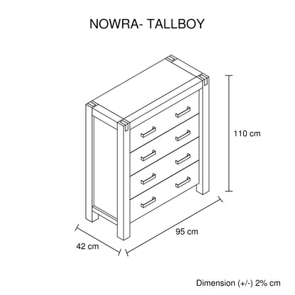 Tallboy with 4 Storage Drawers Solid Wooden Assembled in Chocolate Colour - TRENDZ