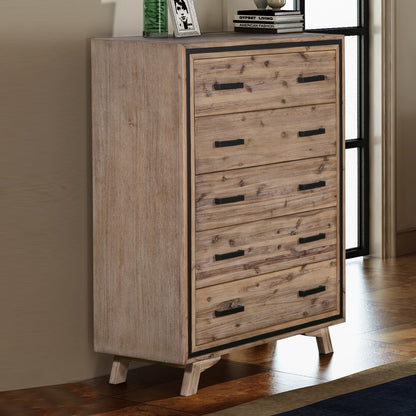 Tallboy with 5 Storage Drawers Solid Acacia Wooden Frame in Silver Brush Colour - TRENDZ